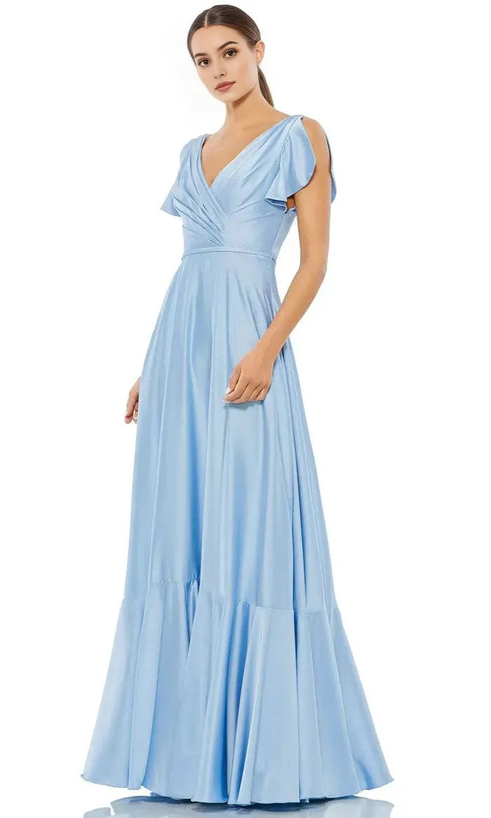 Elegant Light Blue Satin Prom Gown with Asymmetric Flutter Sleeve V - Neckline and Tiered Ruffle Hem Perfect for Formal Balls Evening Galas and Sophisticated