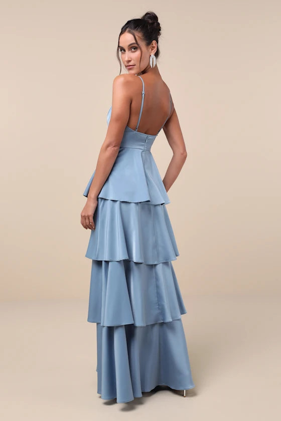 Elegant Light Blue Satin Tiered Prom Dresses with Spaghetti Straps  Deep V  Neck Perfect for Proms Balls and Glamorous Formal Occasions Flattering Ruffled Layers for Graceful Movement