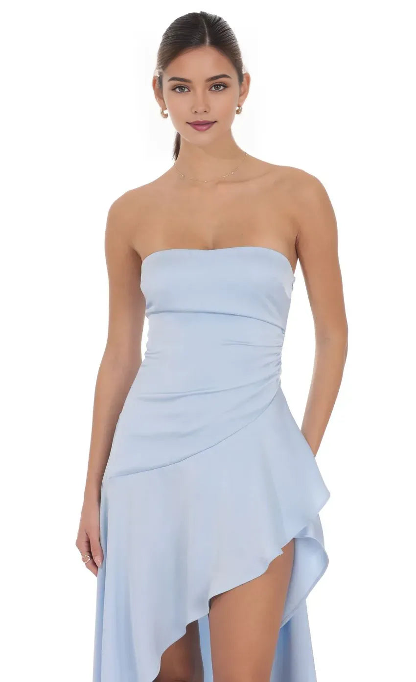 Elegant Light Blue Sheath Square Neck Strapless Open Back High Low Asymmetric Ruched Satin Prom Dresses