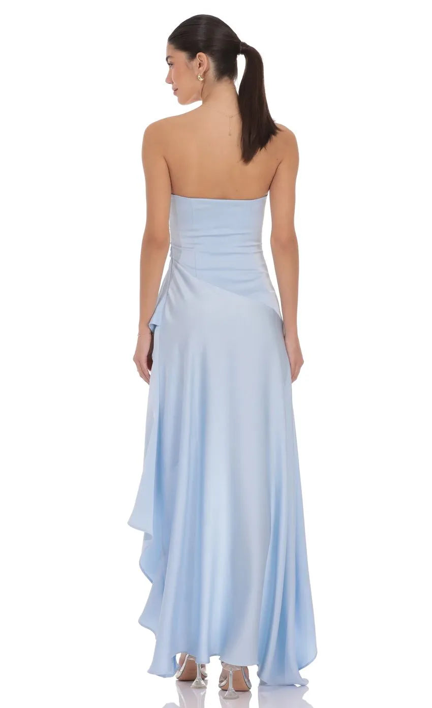 Elegant Light Blue Sheath Square Neck Strapless Open Back High Low Asymmetric Ruched Satin Prom Dresses