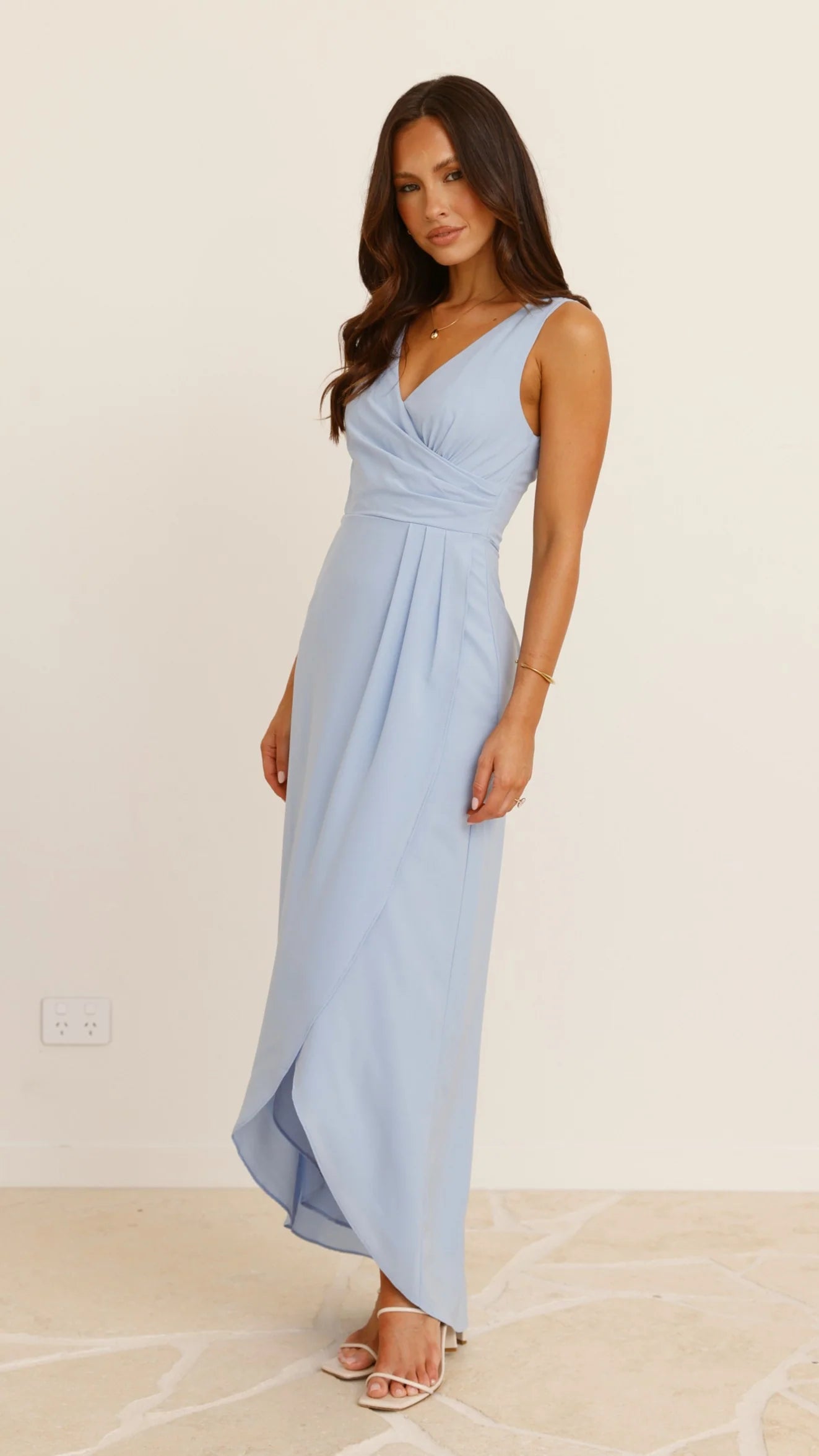 Elegant Light Blue Sleeveless V - Neck Wrap Prom Dress with High Low Hem Perfect for Formal Evening Events Prom Nights