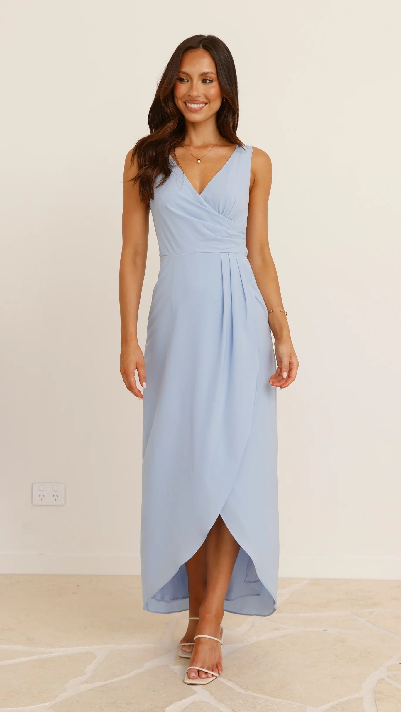 Elegant Light Blue Sleeveless V - Neck Wrap Prom Dress with High Low Hem Perfect for Formal Evening Events Prom Nights