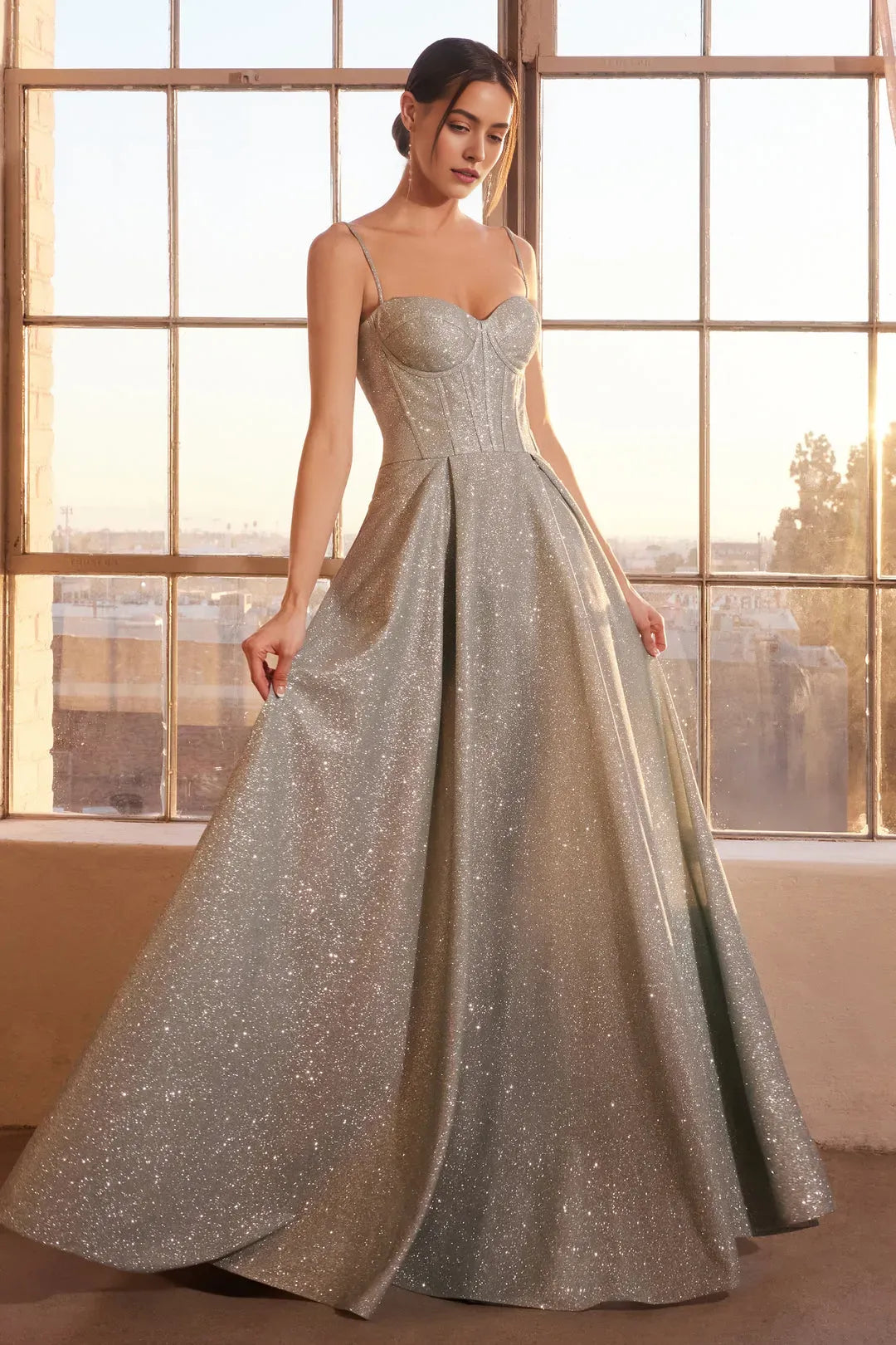 Elegant Light Blue Sparkle Prom Dress with Spaghetti Straps Corset Bodice and Flowy Glitter Skirt for Formal Events