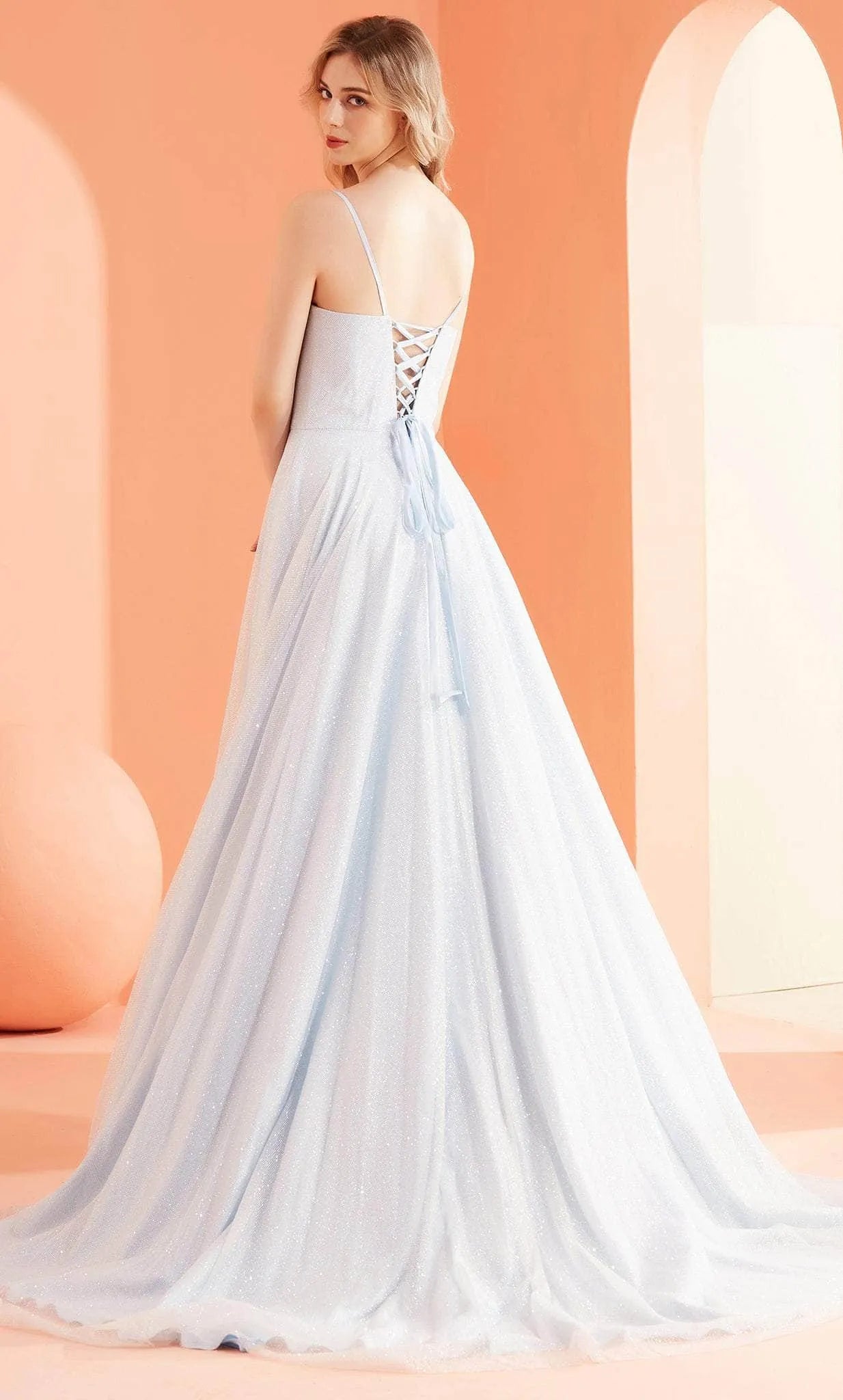 Elegant Light Blue Sparkle Tulle Evening Dresses featuring Spaghetti Straps Square Neck and Flowy A - Line Silhouette to Elevate Your Night