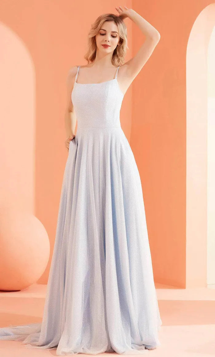 Elegant Light Blue Sparkle Tulle Evening Dresses featuring Spaghetti Straps Square Neck and Flowy A - Line Silhouette to Elevate Your Night