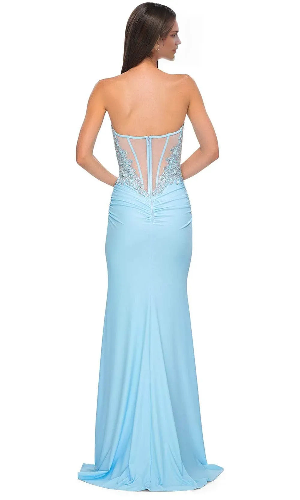 Elegant Light Blue Strapless Evening Gown with Embroidered Bodice and High Side Slit  A Perfect Choice for Proms  Formal Balls