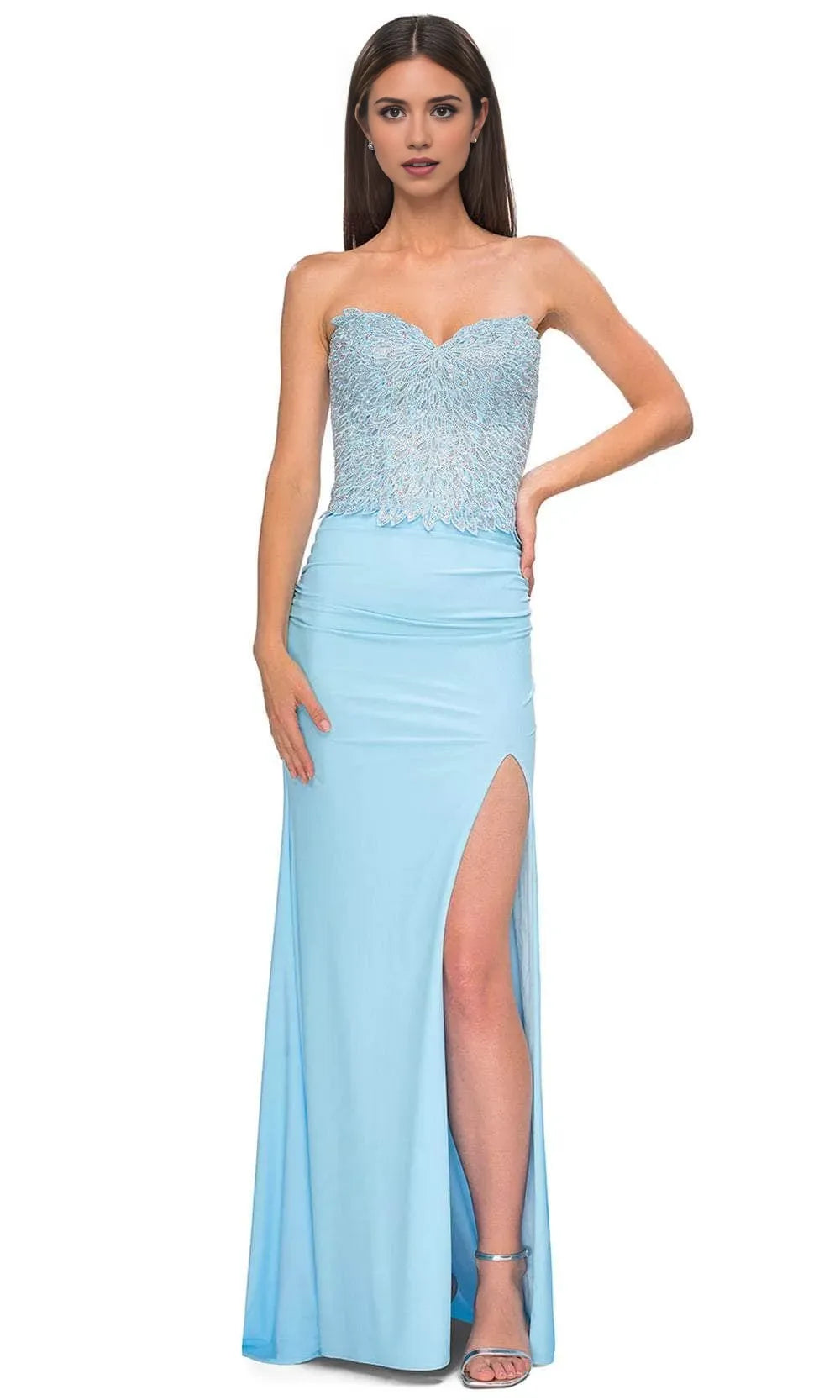 Elegant Light Blue Strapless Evening Gown with Embroidered Bodice and High Side Slit  A Perfect Choice for Proms  Formal Balls