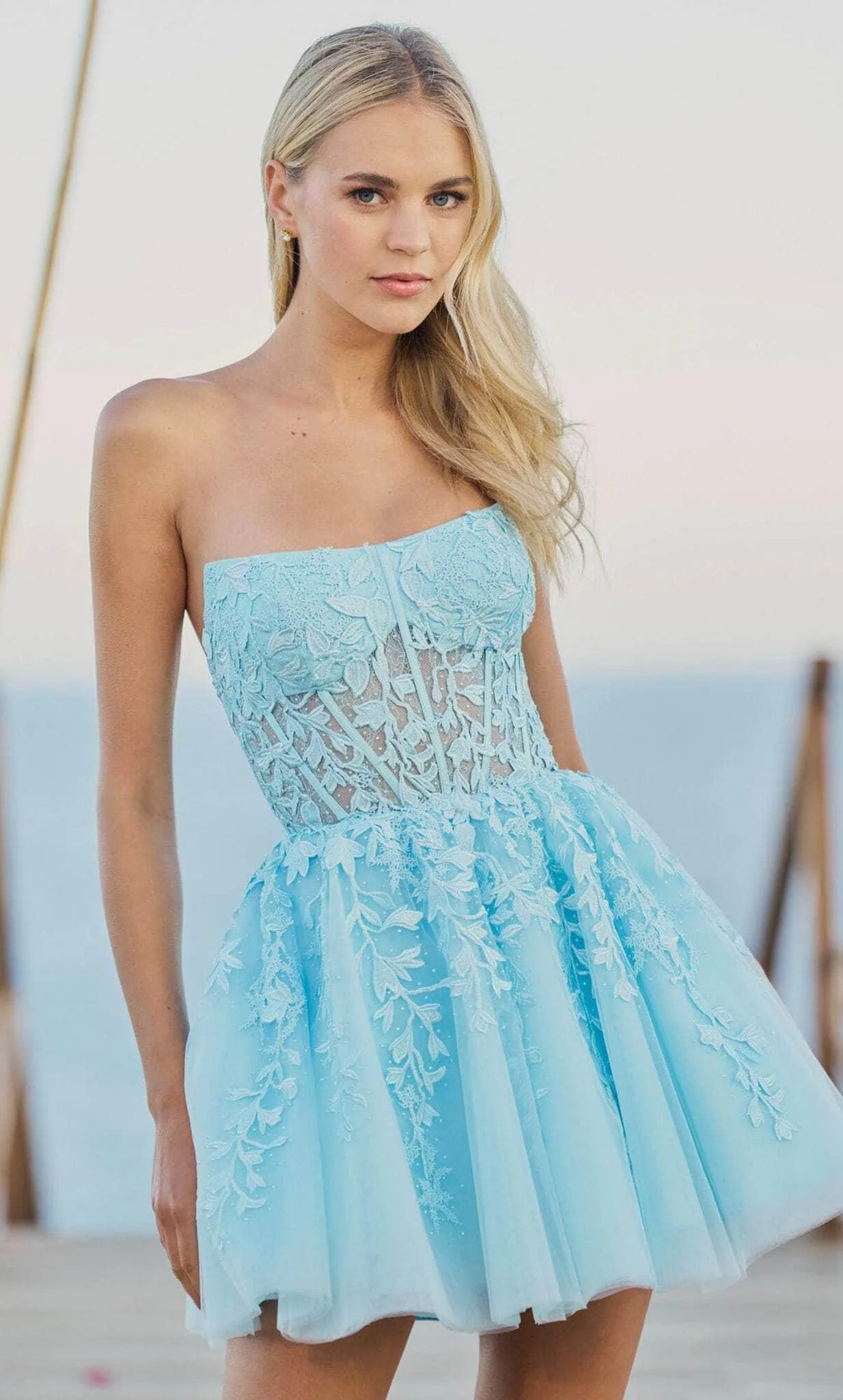 Elegant Light Blue Strapless Homecoming Dress with Floral Lace Sheer Corset Bodice  Perfect for Prom Nights