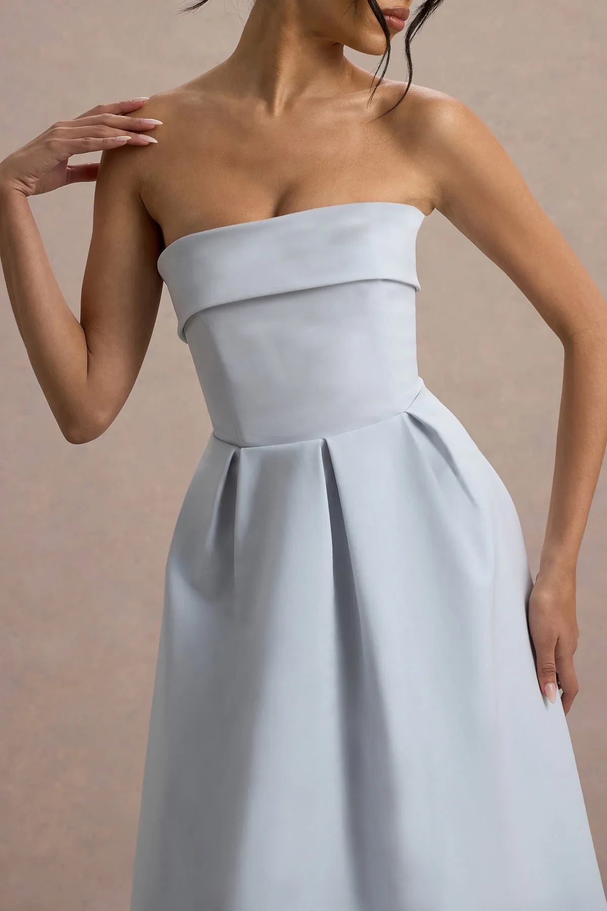 Elegant Light Blue Strapless Prom Dresses  Ruched Bandeau Neckline Pleated A - Line Skirt Structured Satin Finish  A Fusion of Modern Minimalism and Timeless Grace for Formal Galas
