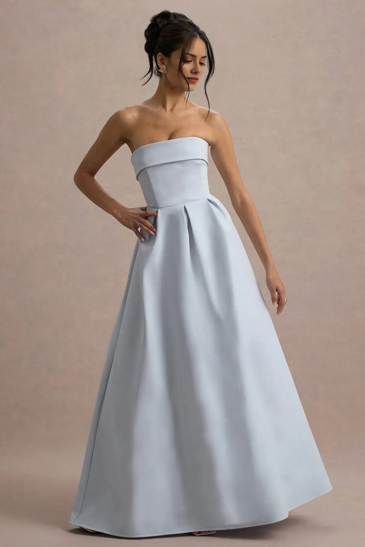 Elegant Light Blue Strapless Prom Dresses  Ruched Bandeau Neckline Pleated A - Line Skirt Structured Satin Finish  A Fusion of Modern Minimalism and Timeless Grace for Formal Galas