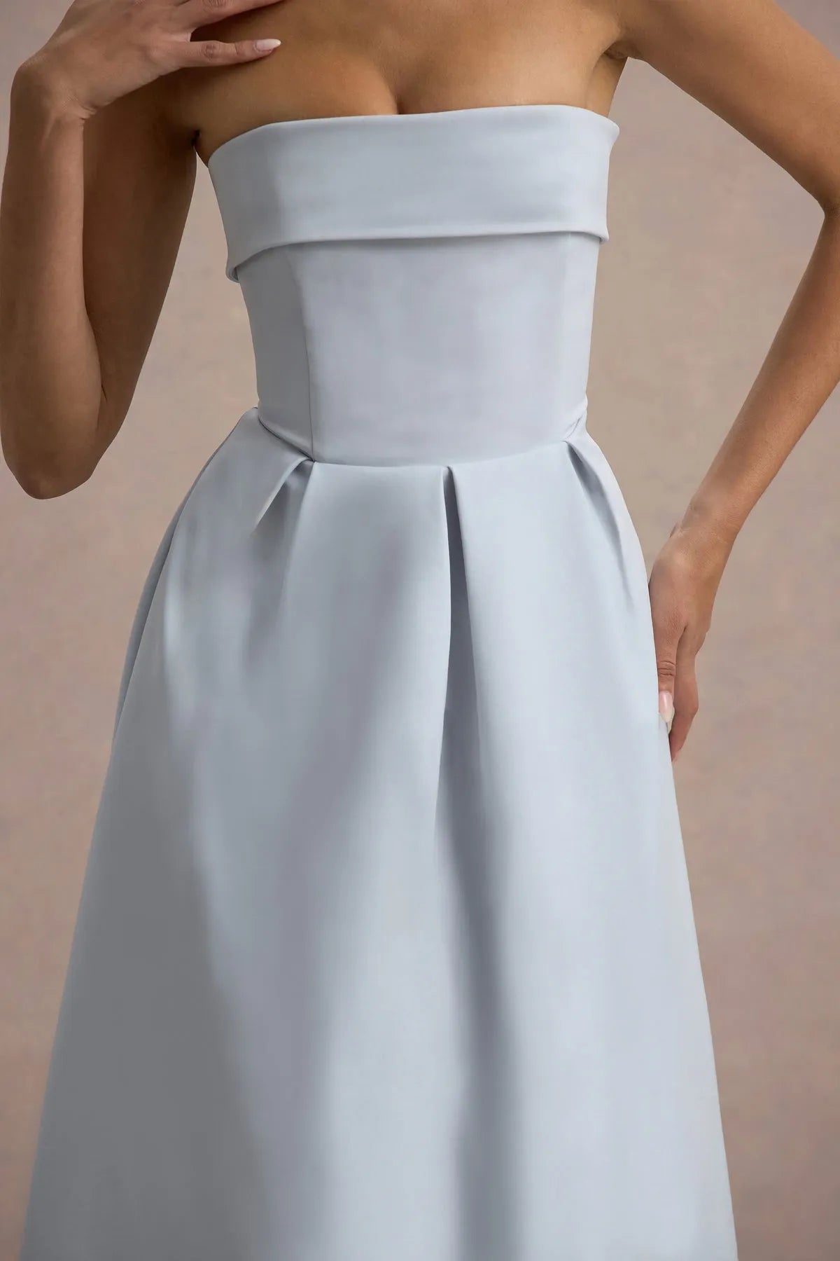 Elegant Light Blue Strapless Prom Dresses  Ruched Bandeau Neckline Pleated A - Line Skirt Structured Satin Finish  A Fusion of Modern Minimalism and Timeless Grace for Formal Galas