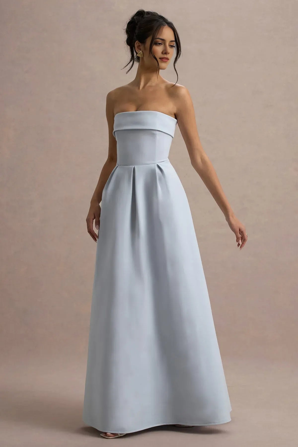 Elegant Light Blue Strapless Prom Dresses  Ruched Bandeau Neckline Pleated A - Line Skirt Structured Satin Finish  A Fusion of Modern Minimalism and Timeless Grace for Formal Galas