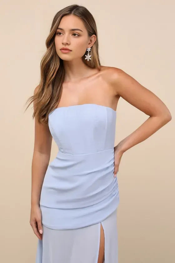 Elegant Light Blue Strapless Prom Dress with Asymmetric Draped Bodice Side Ruched Detail and High Thigh Side Slit for Formal Occasions