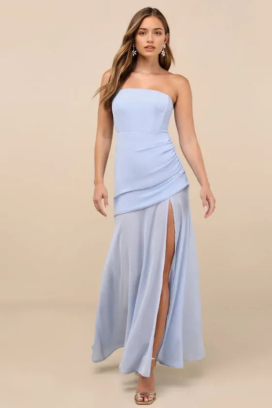 Elegant Light Blue Strapless Prom Dress with Asymmetric Draped Bodice Side Ruched Detail and High Thigh Side Slit for Formal Occasions