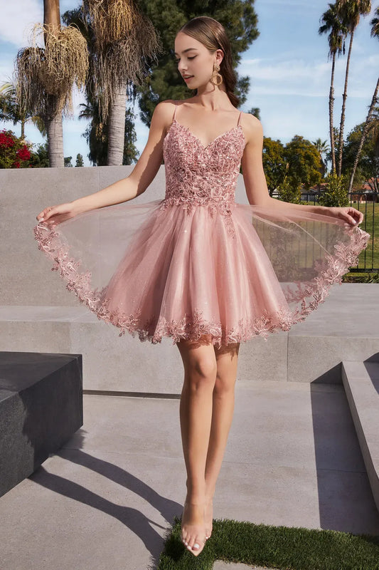 Elegant Light Blue Tulle Homecoming Dress with Spaghetti Straps Floral Lace Appliqué Bodice Flared Skirt for Prom Nights