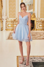 Elegant Light Blue Tulle Homecoming Dress with Spaghetti Straps Floral Lace Appliqué Bodice Flared Skirt for Prom Nights