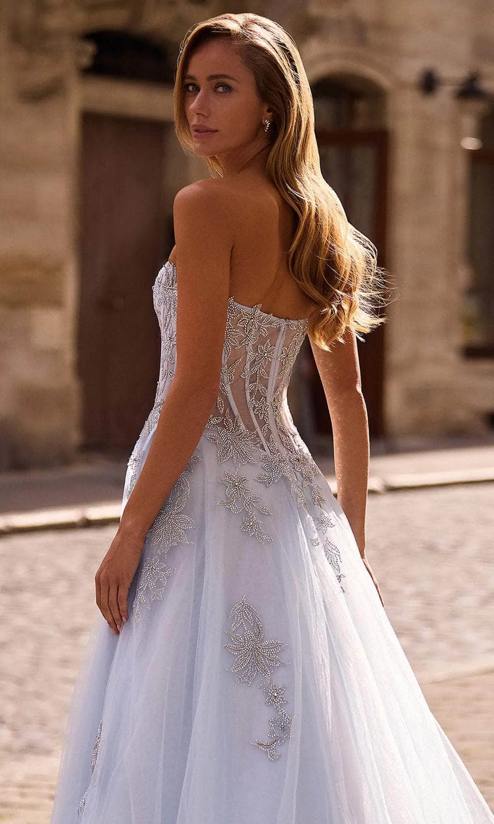 Elegant Light Blue Tulle Prom Dresses with Sheer Corset Bodice Intricate Floral Embellishments and High Slit for Formal Occasions