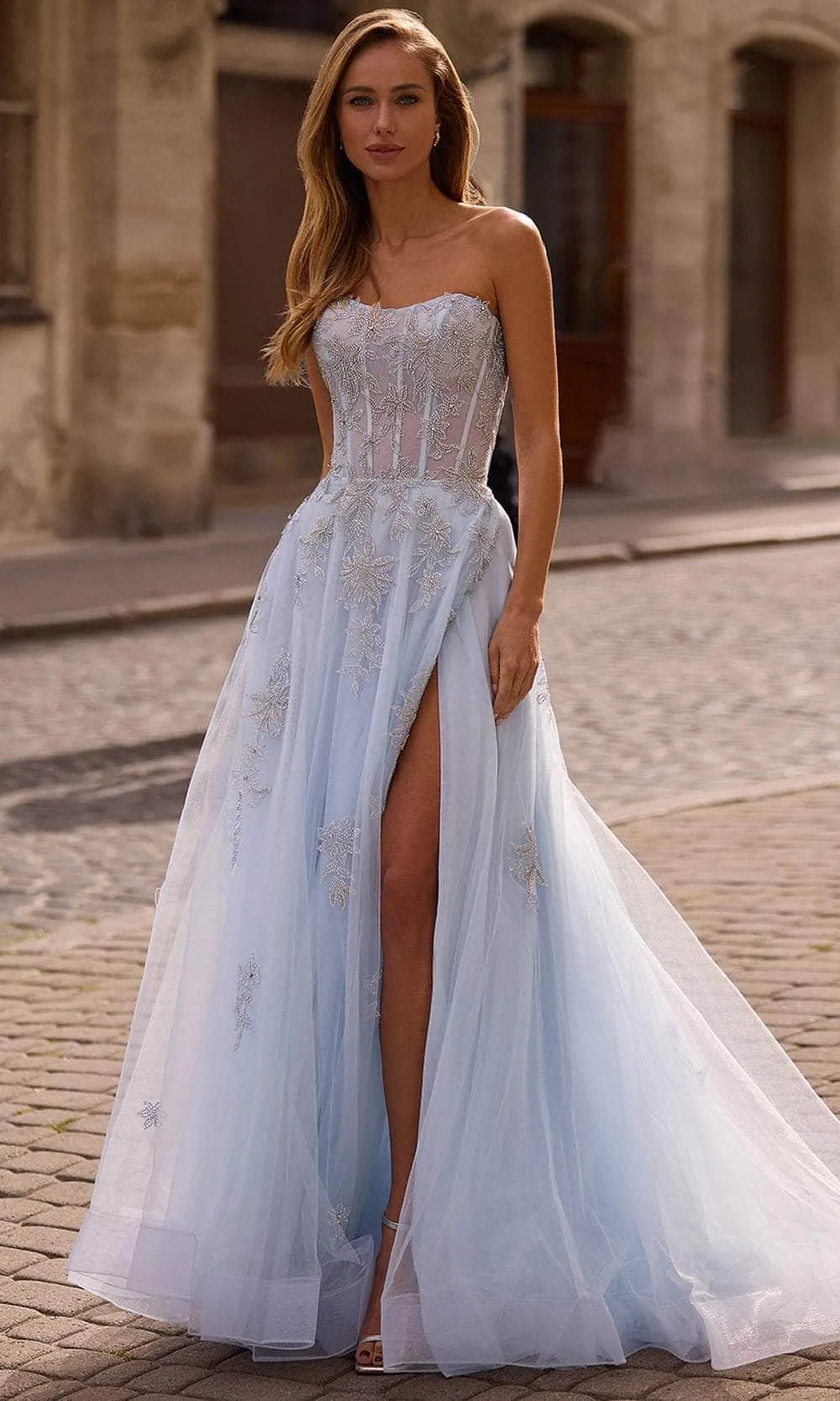 Elegant Light Blue Tulle Prom Dresses with Sheer Corset Bodice Intricate Floral Embellishments and High Slit for Formal Occasions