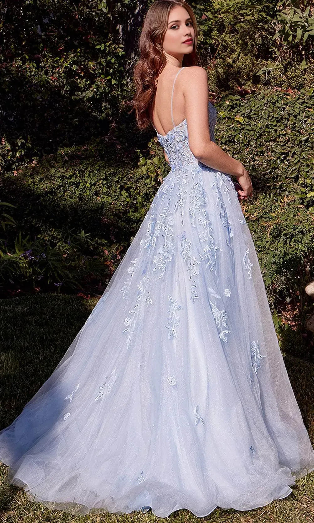 Elegant Light Blue Tulle Prom Dress with Spaghetti Straps Floral Lace Appliqués and Sheer Bodice Detailing for Formal Evening Occasions