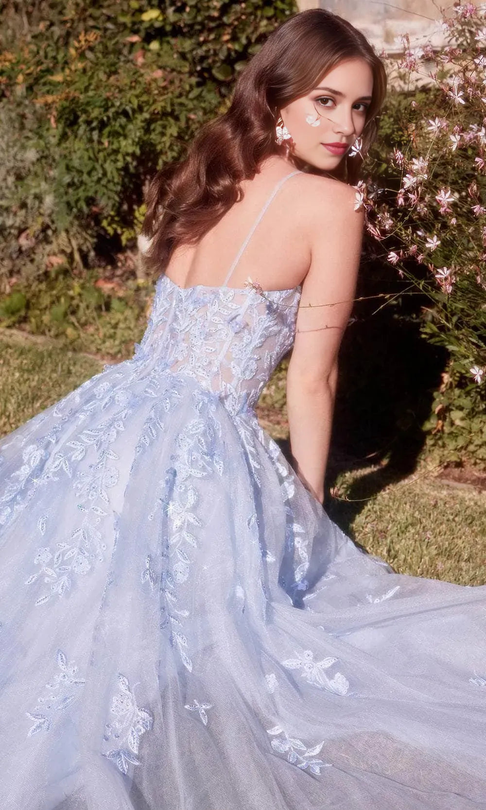 Elegant Light Blue Tulle Prom Dress with Spaghetti Straps Floral Lace Appliqués and Sheer Bodice Detailing for Formal Evening Occasions