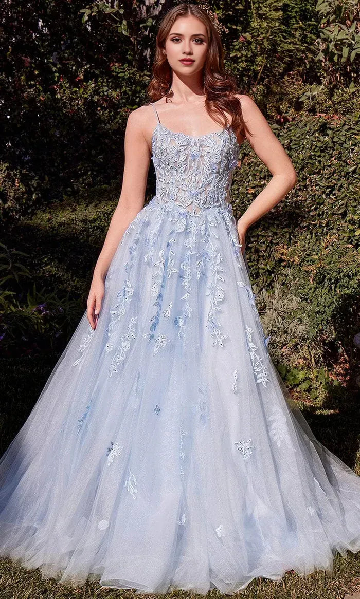 Elegant Light Blue Tulle Prom Dress with Spaghetti Straps Floral Lace Appliqués and Sheer Bodice Detailing for Formal Evening Occasions