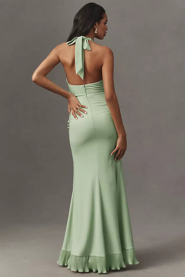 Elegant Light Green Mermaid Halter-Neck Sleeveless Bow-Back Ruffle Satin Floor-Length Prom Dress