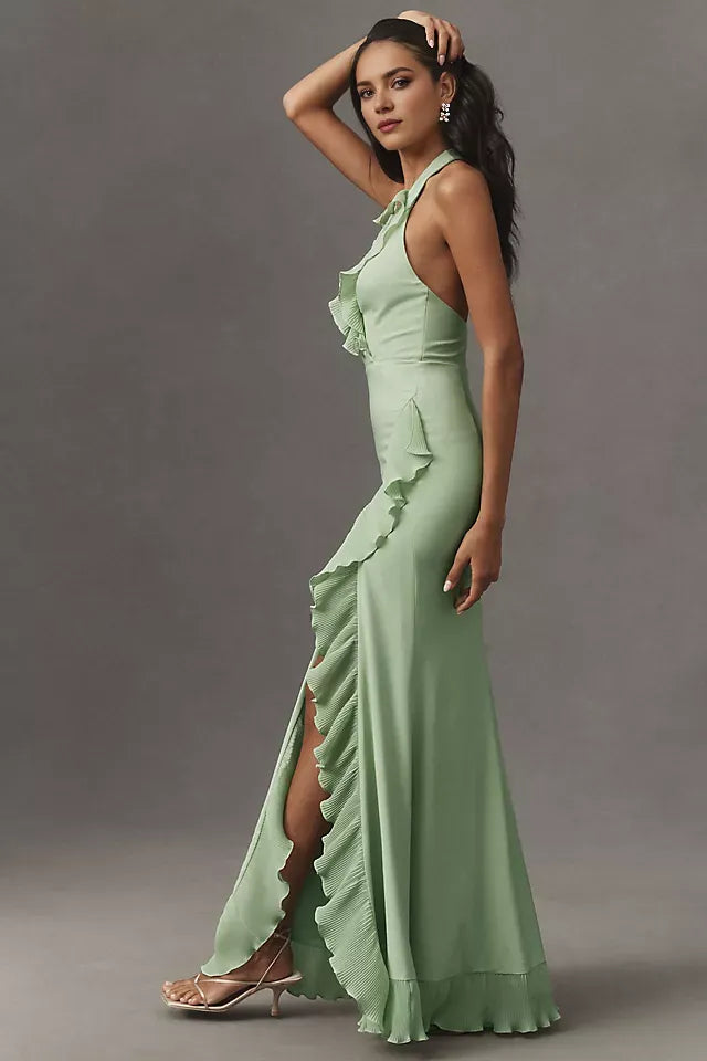 Elegant Light Green Mermaid Halter-Neck Sleeveless Bow-Back Ruffle Satin Floor-Length Prom Dress