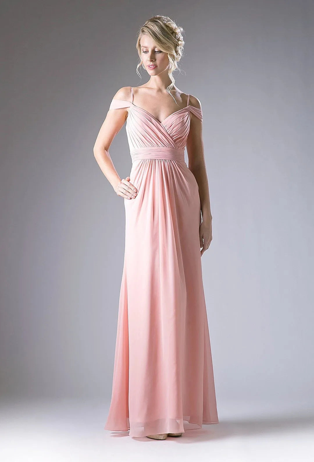 Elegant Light Grey Chiffon Prom Dress with Off - Shoulder Straps Ruched Bodice and Flowing Floor - Length Skirt for Formal Galas