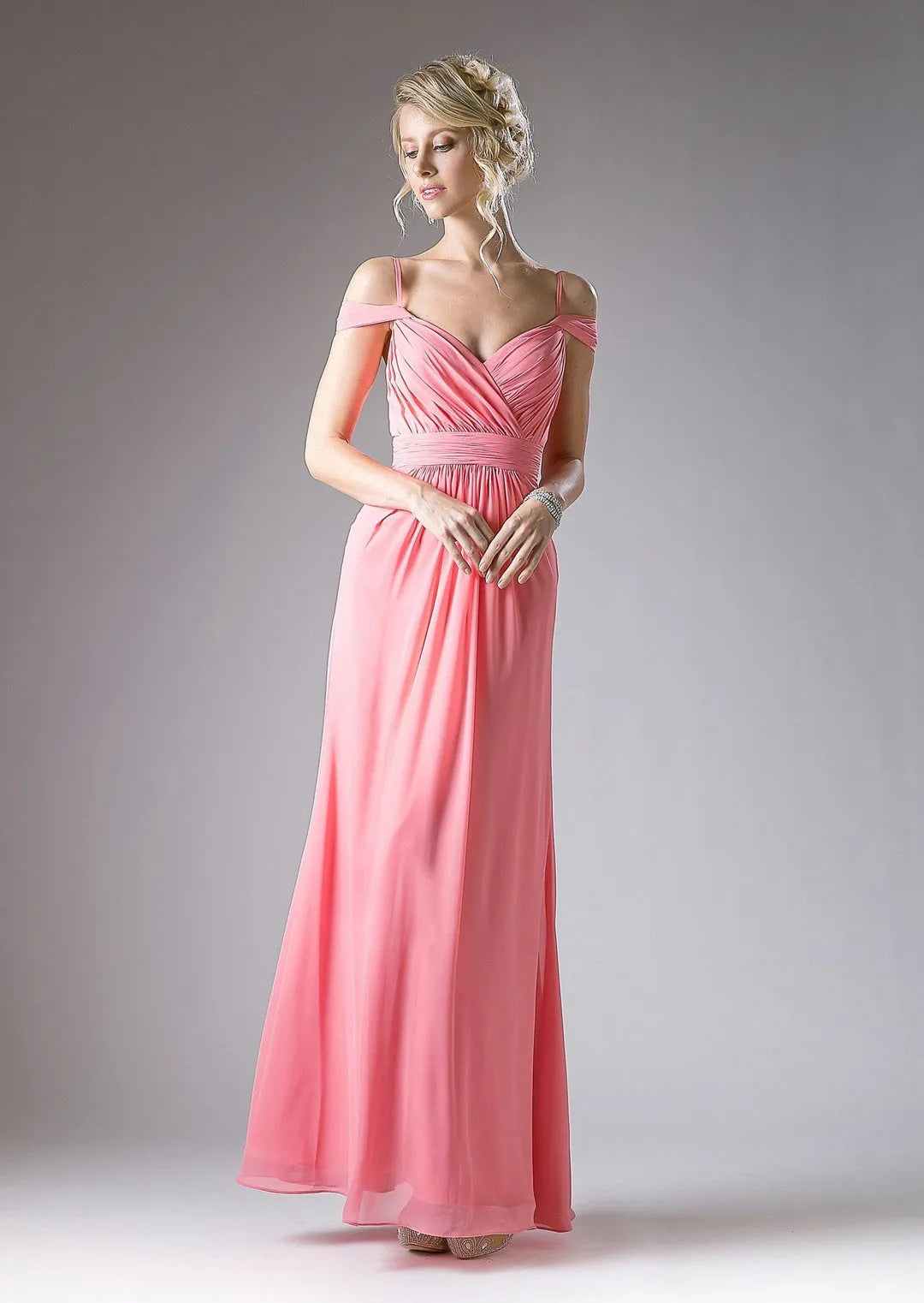 Elegant Light Grey Chiffon Prom Dress with Off - Shoulder Straps Ruched Bodice and Flowing Floor - Length Skirt for Formal Galas