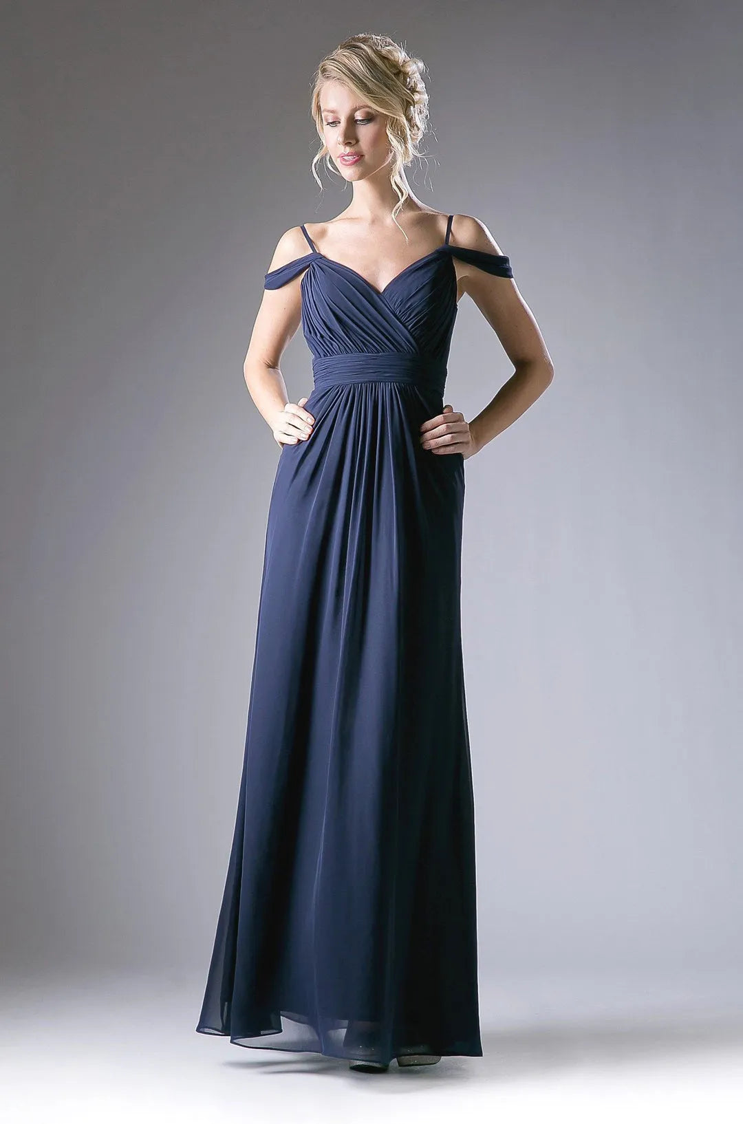 Elegant Light Grey Chiffon Prom Dress with Off - Shoulder Straps Ruched Bodice and Flowing Floor - Length Skirt for Formal Galas