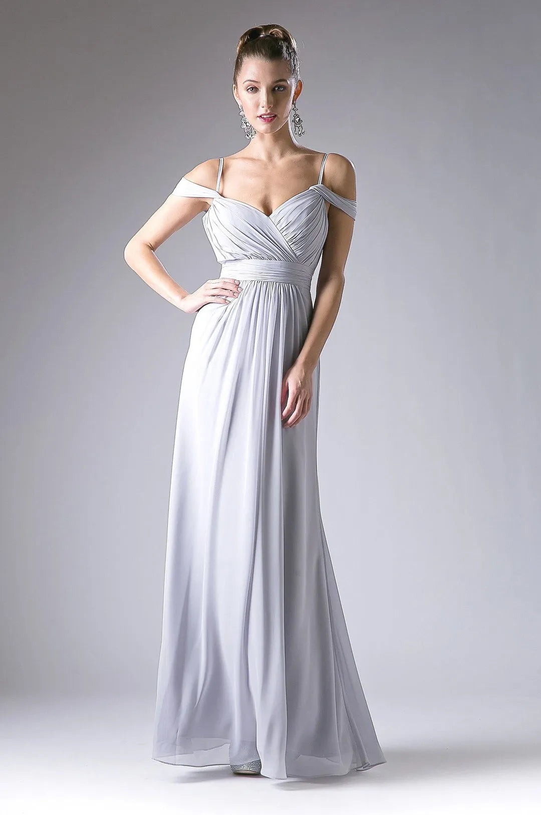 Elegant Light Grey Chiffon Prom Dress with Off - Shoulder Straps Ruched Bodice and Flowing Floor - Length Skirt for Formal Galas