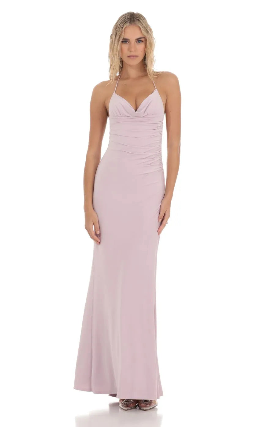 Elegant Light Pink Halter Prom Dress Draped Neckline Ruched Bodice Floor  Length Silhouette  Perfect for a Graceful Prom Evening