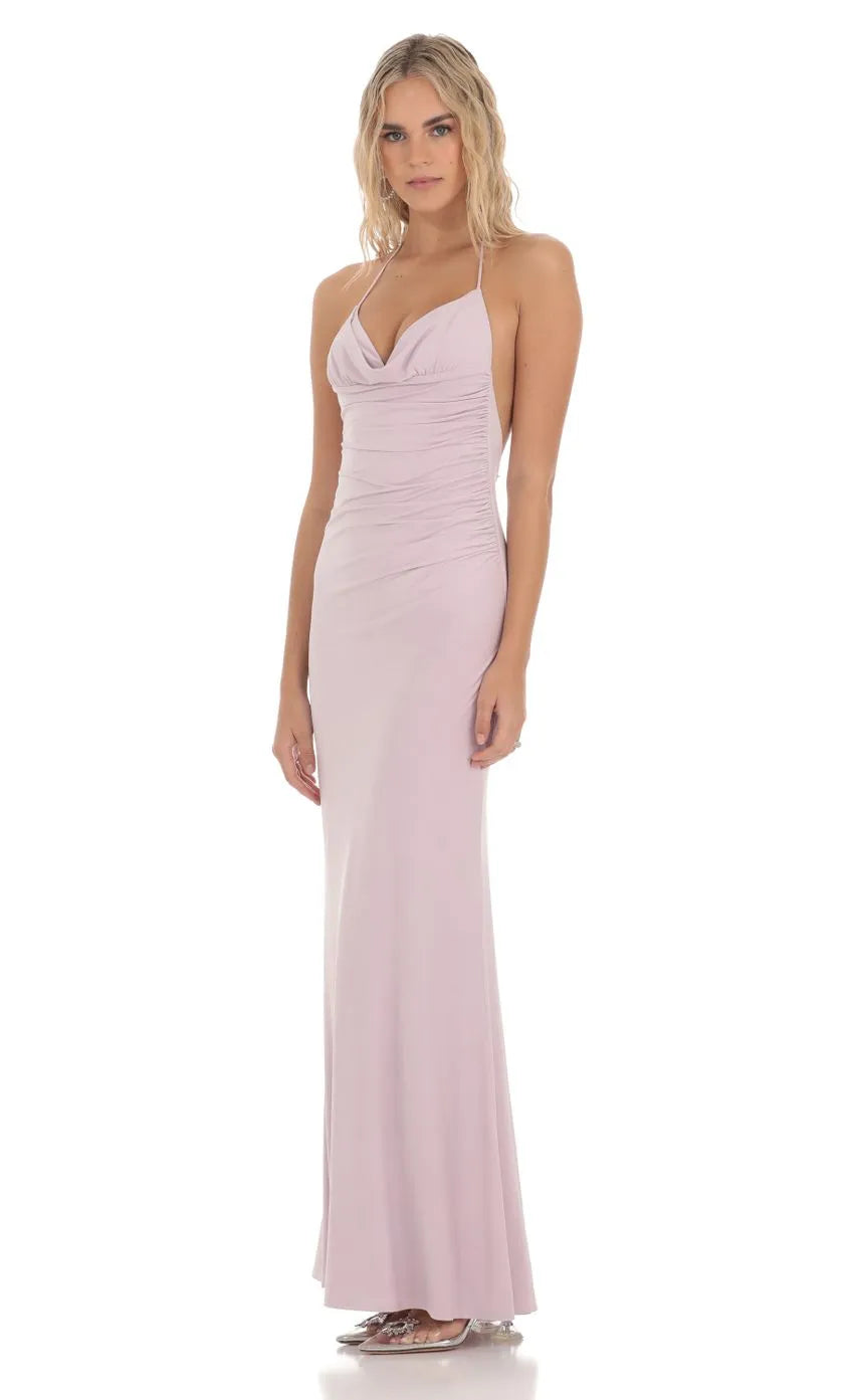 Elegant Light Pink Halter Prom Dress Draped Neckline Ruched Bodice Floor  Length Silhouette  Perfect for a Graceful Prom Evening
