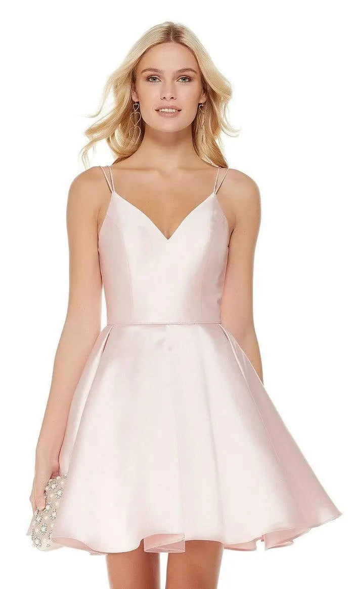 Elegant Light Pink Satin Homecoming Dress with Spaghetti Straps V Neckline Perfect for Prom Nights