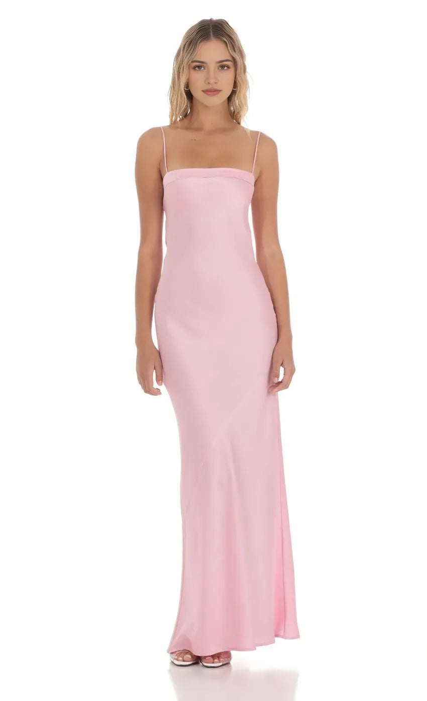 Elegant Light Pink Satin Slip Prom Dress with Thin Spaghetti Straps and Bodycon Silhouette Perfect for Formal Evening Events and Prom Night