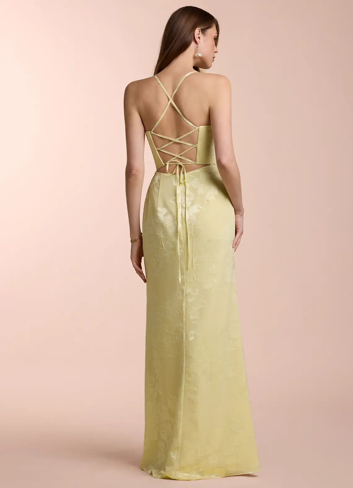 Elegant Light Yellow Jacquard Prom Dress with Spaghetti Straps Ruched Bodice and High Slit for Formal Galas