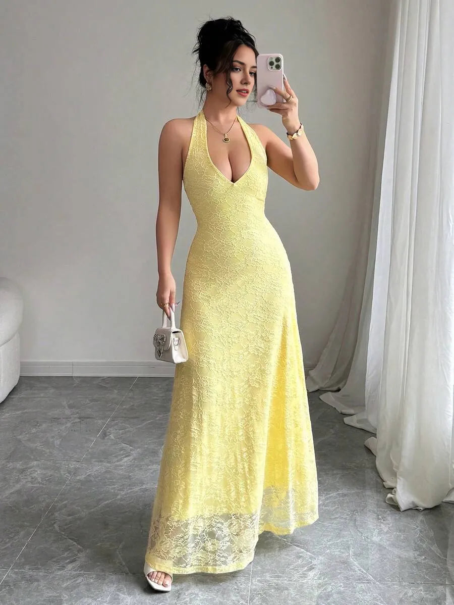 Elegant Light Yellow Mermaid Halter Neck Sleeveless Backless Floor-Length Lace Bodice Prom Dress ﻿