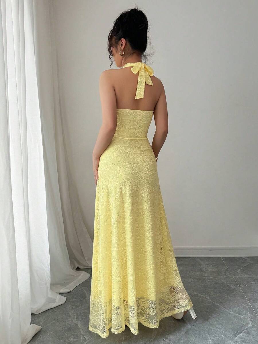 Elegant Light Yellow Mermaid Halter Neck Sleeveless Backless Floor-Length Lace Bodice Prom Dress ﻿