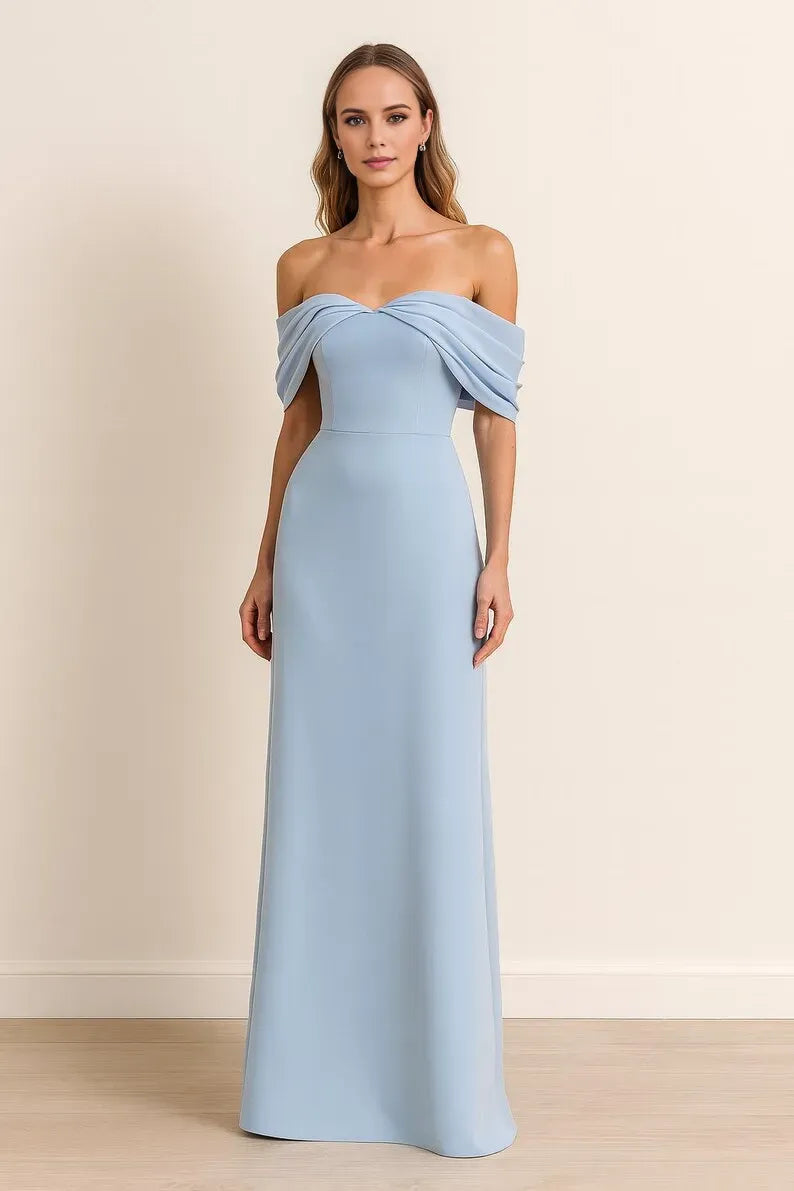 Elegant Light blue A-Line Off-Shoulder Sleeveless Back Zip Draped Floor-Length prom Dress
