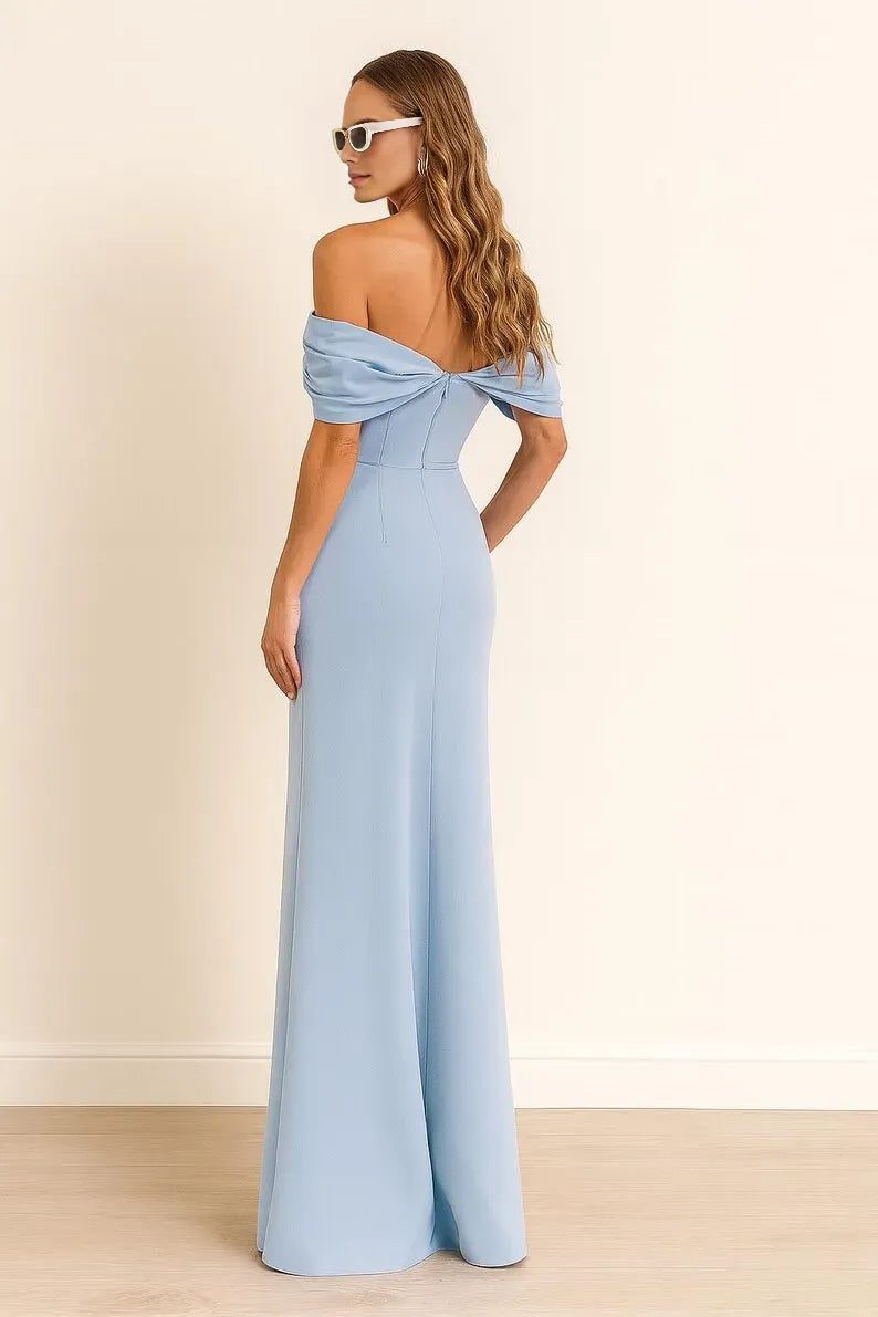 Elegant Light blue A-Line Off-Shoulder Sleeveless Back Zip Draped Floor-Length prom Dress