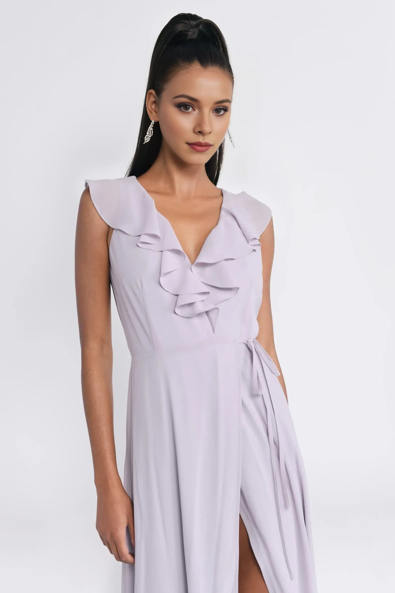 Elegant Lilac A-Line Deep V-Neck Ruffled-Sleeve Ruffle High-Slit Floor-Length Prom Dresses