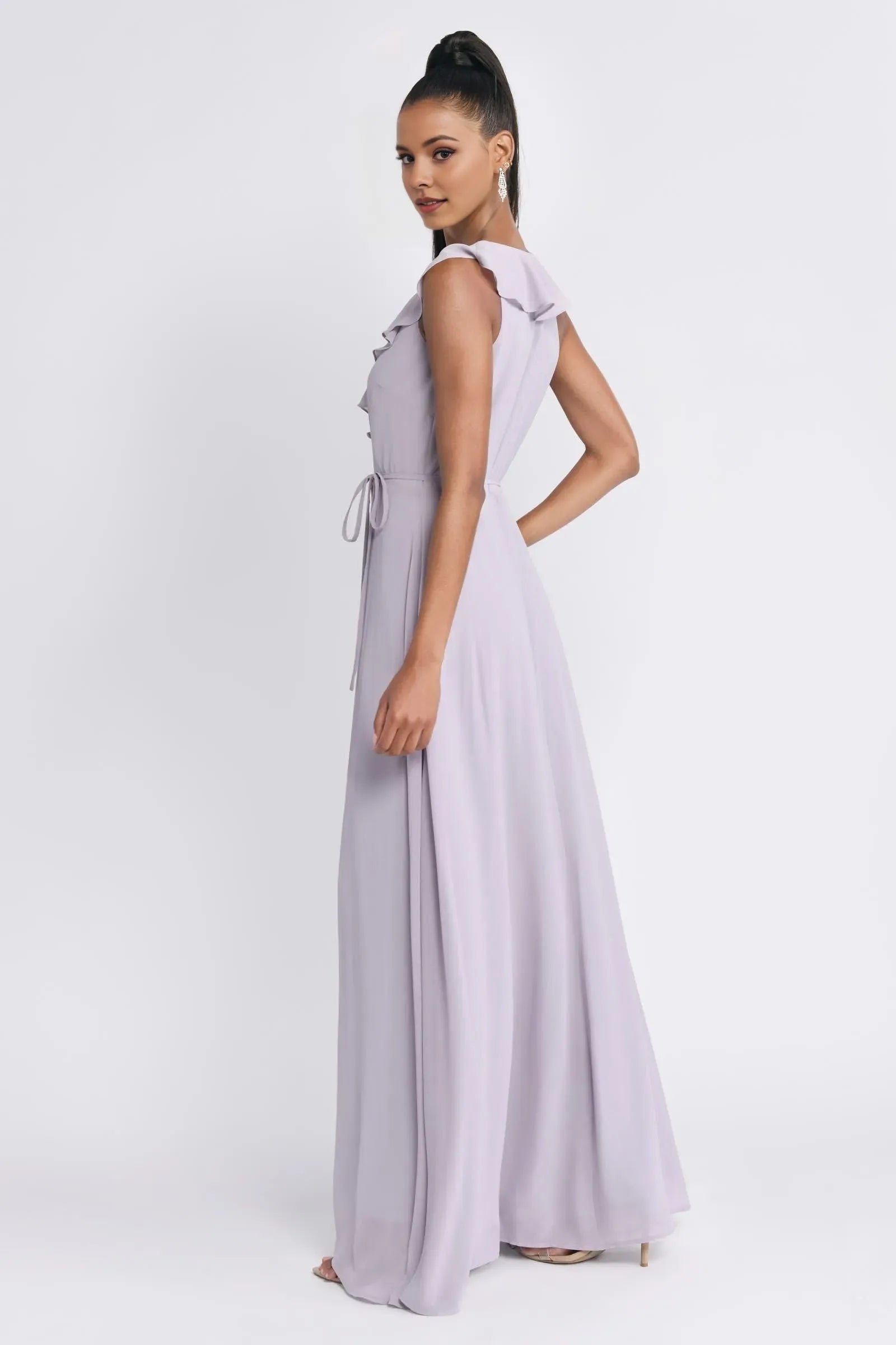 Elegant Lilac A-Line Deep V-Neck Ruffled-Sleeve Ruffle High-Slit Floor-Length Prom Dresses