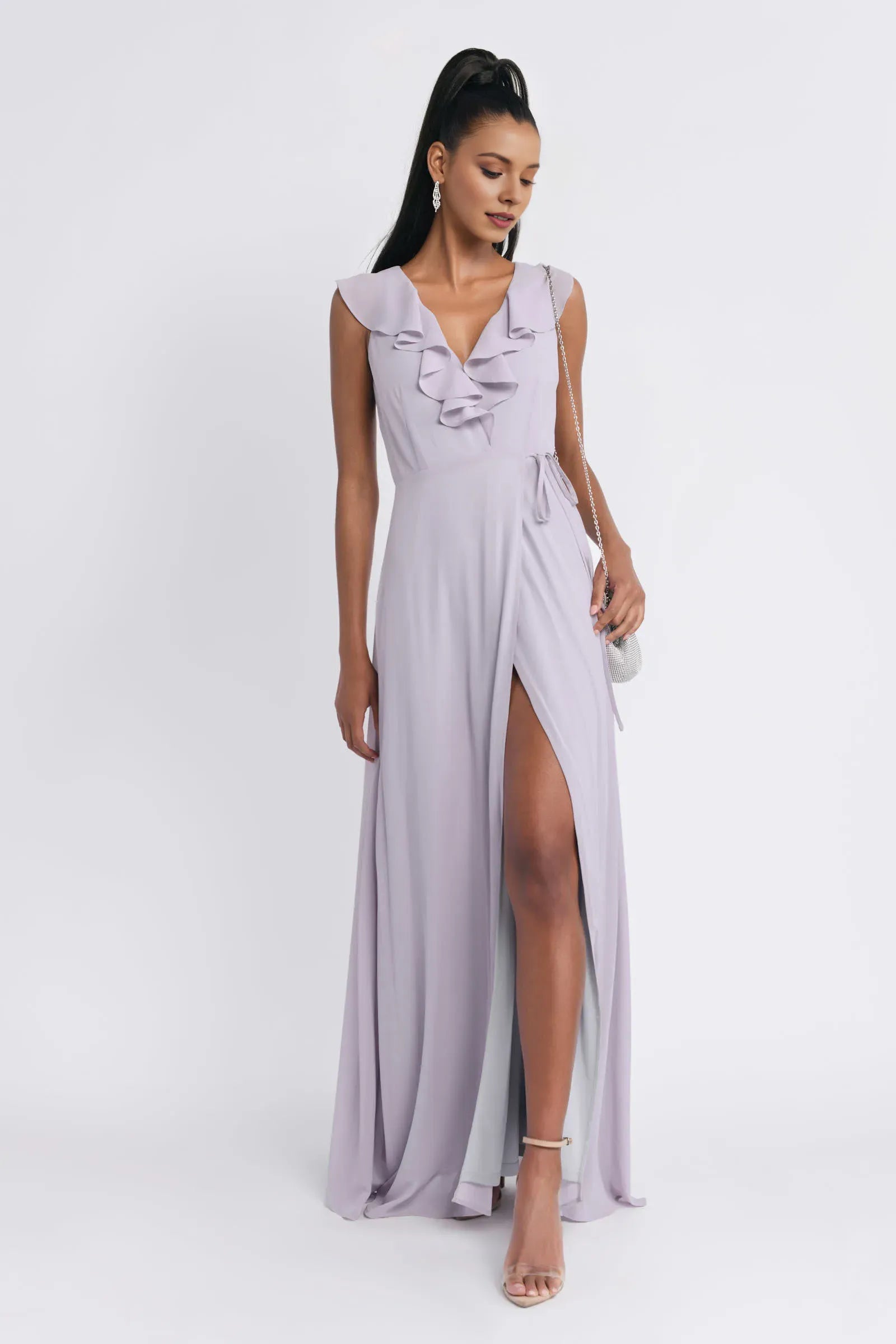 Elegant Lilac A-Line Deep V-Neck Ruffled-Sleeve Ruffle High-Slit Floor-Length Prom Dresses