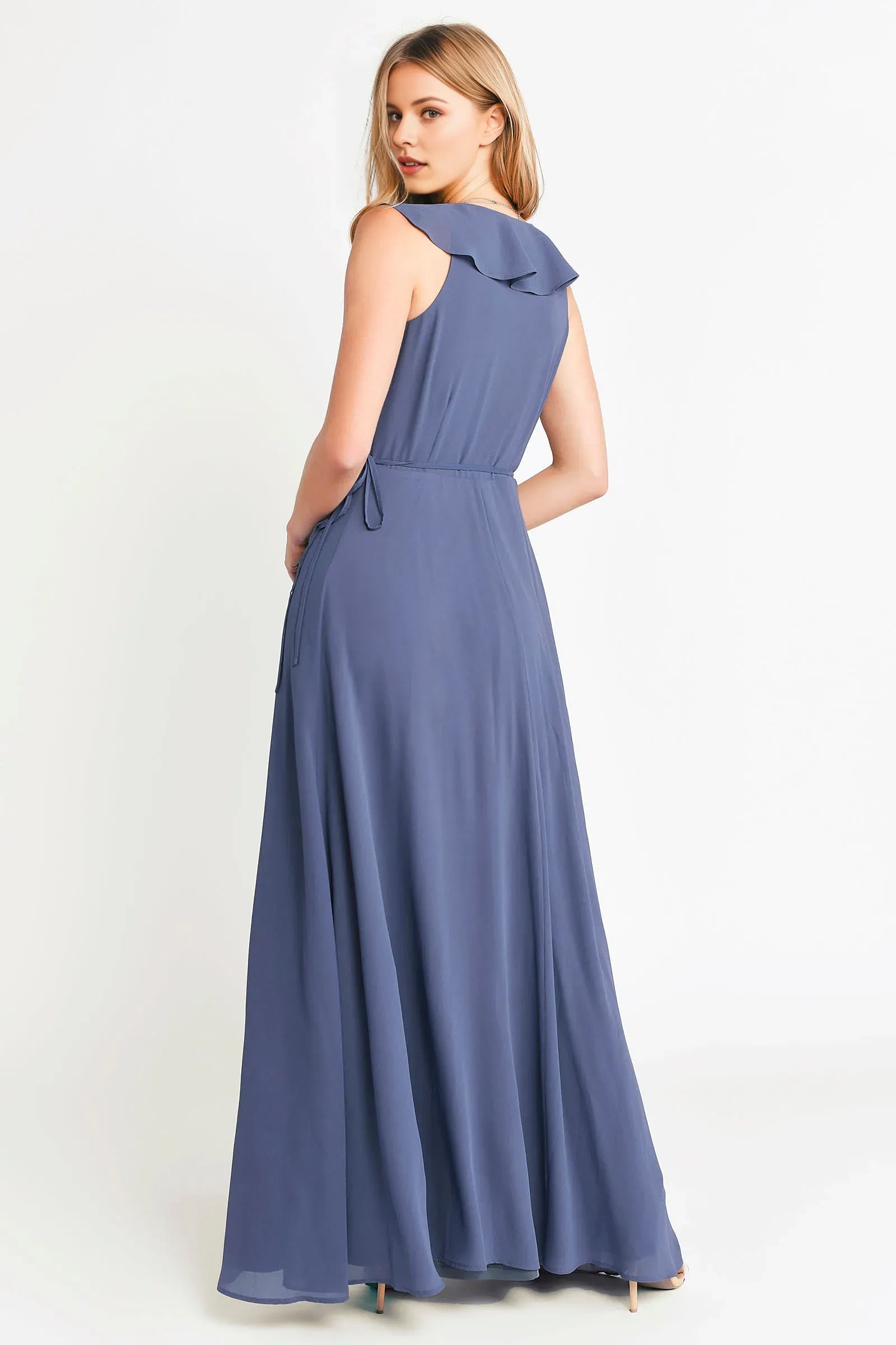 Elegant Lilac A-Line Deep V-Neck Ruffled-Sleeve Ruffle High-Slit Floor-Length Prom Dresses