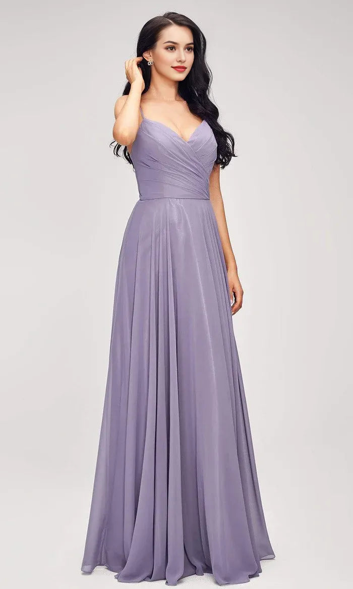 Elegant Lilac Chiffon Evening Dresses with V  Neckline Ruched Bodice and Flowing A Line Skirt  Ideal for Formal Events Weddings and Galas