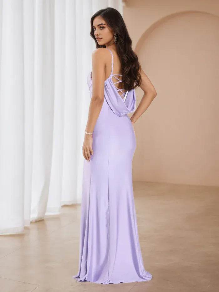 Elegant Lilac Satin Evening Gown Structured Bodice Minimalist Spaghetti Straps and Dramatic Side Slit Perfect for Proms and Formal Galas