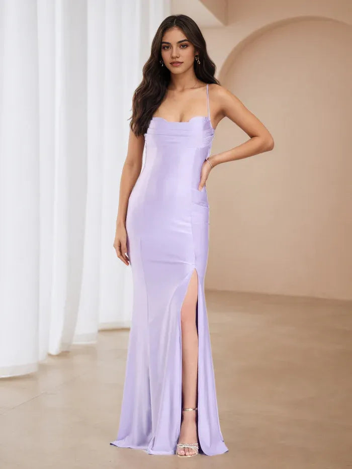Elegant Lilac Satin Evening Gown Structured Bodice Minimalist Spaghetti Straps and Dramatic Side Slit Perfect for Proms and Formal Galas