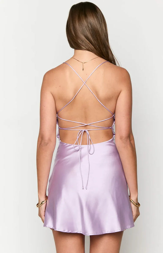 Elegant Lilac Satin Homecoming Dress Cowl Neckline Spaghetti Straps Mini Length for a Dreamy Vibe
