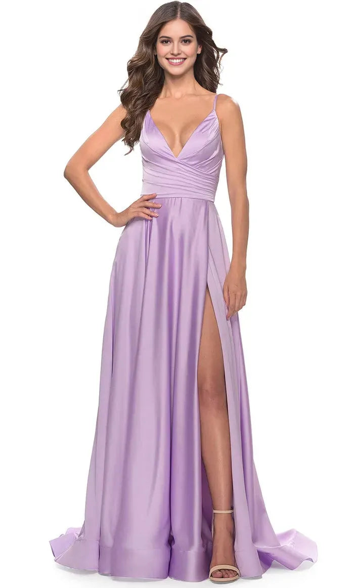 Elegant Lilac Satin One Shoulder Prom Gown with Cross Wrap Bodice and High Slit for Formal Occasions