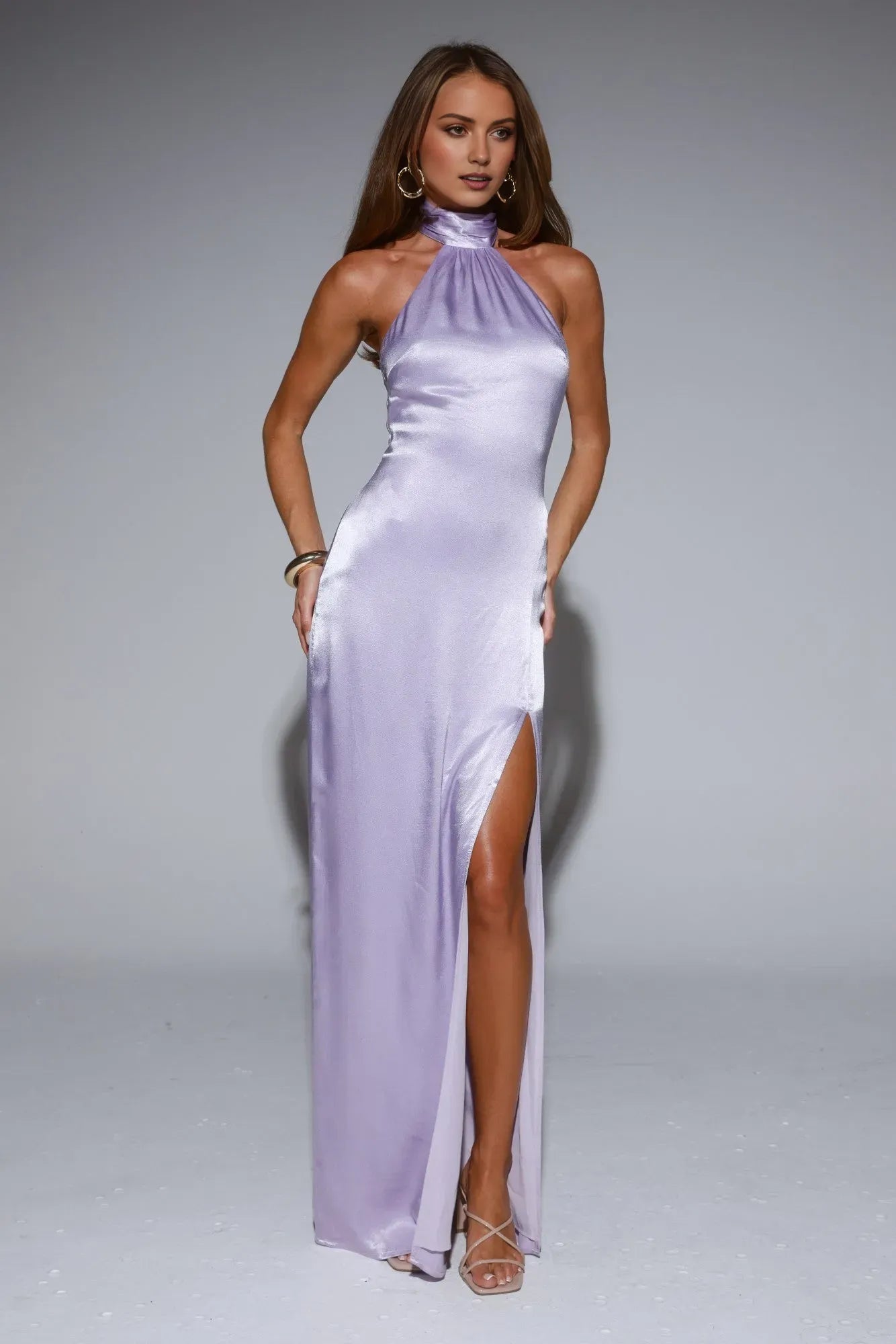Elegant Lilac Sheath Halter Neck Sleeveless Open Back Floor-Length Satin Prom Dresses with High Slit